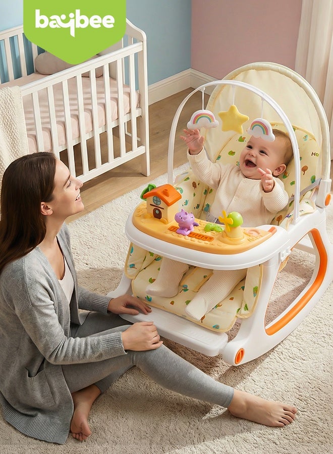 BAYBEE 3 in 1 Baby Rocker & Feeding Chair | Baby Rocking Chair for Kids with Soothing Rocking Motion, Adjustable Recline, Removable Food & Toy Tray, Safety Harness | Baby Rocker for Kids 0 to 3 Years Beige - Image 3